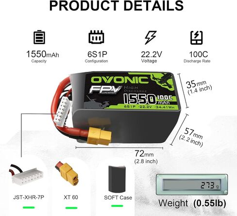 OVONIC 6S Lipo Battery 100C 1550mAh 22.2V Lipo Battery with XT60 Connector for RC FPV Racing Drone Quadcopter in Saudi Arabia