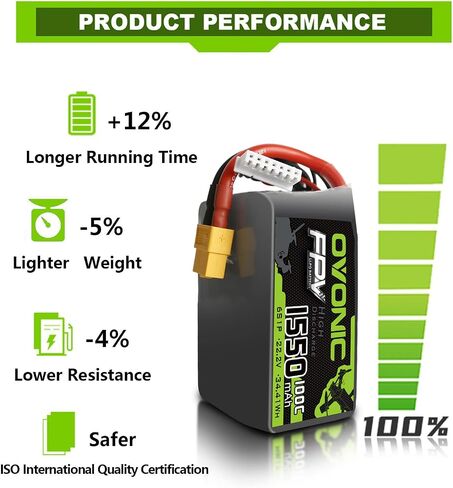 OVONIC 6S Lipo Battery 100C 1550mAh 22.2V Lipo Battery with XT60 Connector for RC FPV Racing Drone Quadcopter in Saudi Arabia
