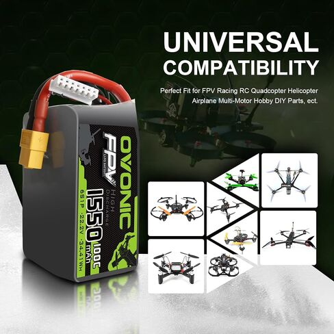 OVONIC 6S Lipo Battery 100C 1550mAh 22.2V Lipo Battery with XT60 Connector for RC FPV Racing Drone Quadcopter in Saudi Arabia