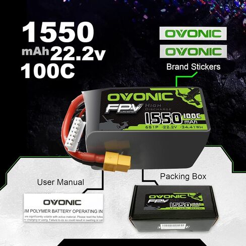OVONIC 6S Lipo Battery 100C 1550mAh 22.2V Lipo Battery with XT60 Connector for RC FPV Racing Drone Quadcopter in Saudi Arabia