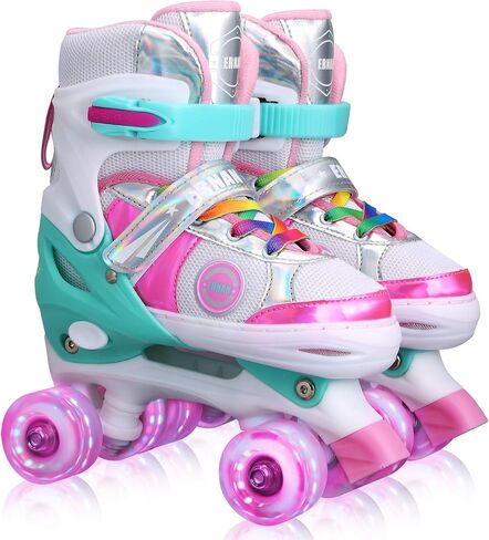 Kids Adjustable Roller Skates for Girls Boys Beginner, 4 Size Adjustable Roller Skates with Light Up Wheels and Colorful Shoelaces in Kuwait