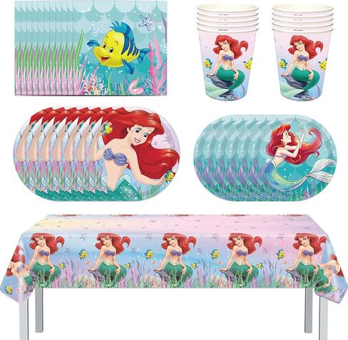 Mermaid Ariel Party Supplies Set,Serves 16 Guests Little Mermaid Party Favors, Including Plates, Cups, Napkins, Tablecloth for Boys and Girls Birthday Party Decorations in Kuwait