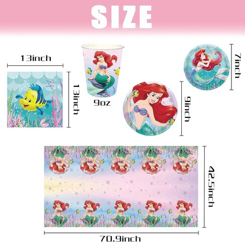 Mermaid Ariel Party Supplies Set,Serves 16 Guests Little Mermaid Party Favors, Including Plates, Cups, Napkins, Tablecloth for Boys and Girls Birthday Party Decorations in Kuwait