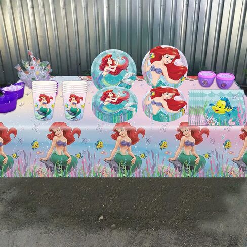 Mermaid Ariel Party Supplies Set,Serves 16 Guests Little Mermaid Party Favors, Including Plates, Cups, Napkins, Tablecloth for Boys and Girls Birthday Party Decorations in Kuwait