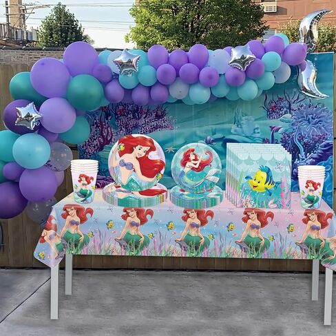 Mermaid Ariel Party Supplies Set,Serves 16 Guests Little Mermaid Party Favors, Including Plates, Cups, Napkins, Tablecloth for Boys and Girls Birthday Party Decorations in Kuwait