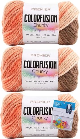 خيوط مكتنزة من Premier Yarns Colorfusion - 3.5 أونصة - #5 وزن ضخم - حزمة مكونة من 3 قطع مع أقلام تحديد الغرز من Bella's Crafts (استوائية) in Kuwait