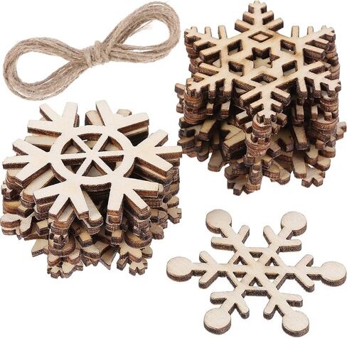 HESTYA 50 Pieces Wooden Snowflake Ornaments Unfinished DIY Wood Snowflake Cutouts Christmas Tree Hanging Ornaments with Strings for DIY Christmas Decorations (Natural Color, 10 cm) in Saudi Arabia