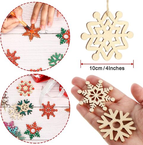 HESTYA 50 Pieces Wooden Snowflake Ornaments Unfinished DIY Wood Snowflake Cutouts Christmas Tree Hanging Ornaments with Strings for DIY Christmas Decorations (Natural Color, 10 cm) in Saudi Arabia