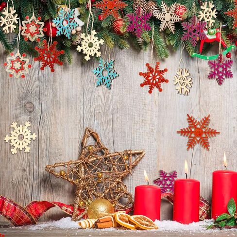 HESTYA 50 Pieces Wooden Snowflake Ornaments Unfinished DIY Wood Snowflake Cutouts Christmas Tree Hanging Ornaments with Strings for DIY Christmas Decorations (Natural Color, 10 cm) in Saudi Arabia