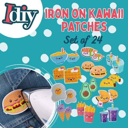 iDIY Kawaii Iron-on Cute Animals in Food Patches (24 Pack) - 2 of Each Design (Large 2.5" and Small 2") - Sew On Patch Craft Kit for Clothing, Accessories & School Supplies, Sewing, Arts Crafts, Gifts in Saudi Arabia