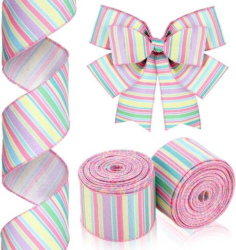 Cindeer 2 Rolls 20 Yards Christmas Wired Ribbon Spring Wired Edge Ribbon Horizontal Stripe Ribbon Pastel Canvas Ribbon Spring Decorative Colorful Ribbon for Christmas Party Wrapping Craft (2 Inch) in Saudi Arabia
