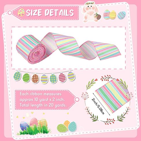 Cindeer 2 Rolls 20 Yards Christmas Wired Ribbon Spring Wired Edge Ribbon Horizontal Stripe Ribbon Pastel Canvas Ribbon Spring Decorative Colorful Ribbon for Christmas Party Wrapping Craft (2 Inch) in Saudi Arabia
