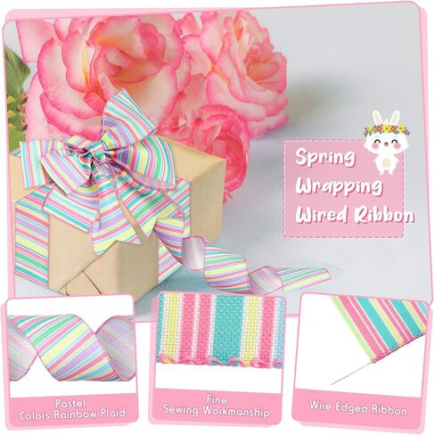 Cindeer 2 Rolls 20 Yards Christmas Wired Ribbon Spring Wired Edge Ribbon Horizontal Stripe Ribbon Pastel Canvas Ribbon Spring Decorative Colorful Ribbon for Christmas Party Wrapping Craft (2 Inch) in Saudi Arabia