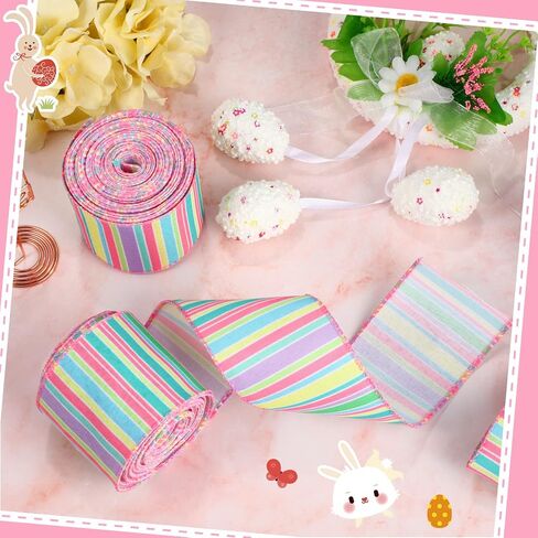Cindeer 2 Rolls 20 Yards Christmas Wired Ribbon Spring Wired Edge Ribbon Horizontal Stripe Ribbon Pastel Canvas Ribbon Spring Decorative Colorful Ribbon for Christmas Party Wrapping Craft (2 Inch) in Saudi Arabia