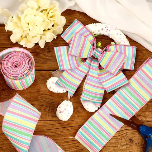 Cindeer 2 Rolls 20 Yards Christmas Wired Ribbon Spring Wired Edge Ribbon Horizontal Stripe Ribbon Pastel Canvas Ribbon Spring Decorative Colorful Ribbon for Christmas Party Wrapping Craft (2 Inch) in Saudi Arabia