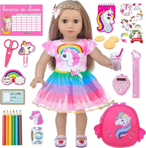 ZQDOLL 23 Pcs American Doll Clothes and Accessories School Supplies Playset for 18 Inch Doll Including Girl Doll Clothes, Bags, Student Cards, Sticker, Pencils, Calculator, Scissors, Notebook in Kuwait