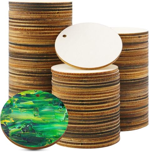 FSWCCK 100 قطعة 5.08 سم دوائر خشبية دائرية غير مكتملة مع فتحات دائرية أقراص خشبية للحرف اليدوية فارغة من الخشب الطبيعي دائرة القواطع لتزيين المنزل والحرف اليدوية in Kuwait