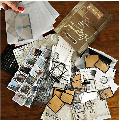 Vilikya 100pcs Postal Junk Journal Supplies, Vintage Postage Stamp Stickers for Scrapbook Kit, Decoupage Paper Quote Stickers for Collage Ephemera, Hollow Frames for Scrapbooking in Kuwait