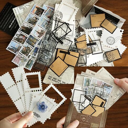 Vilikya 100pcs Postal Junk Journal Supplies, Vintage Postage Stamp Stickers for Scrapbook Kit, Decoupage Paper Quote Stickers for Collage Ephemera, Hollow Frames for Scrapbooking in Kuwait