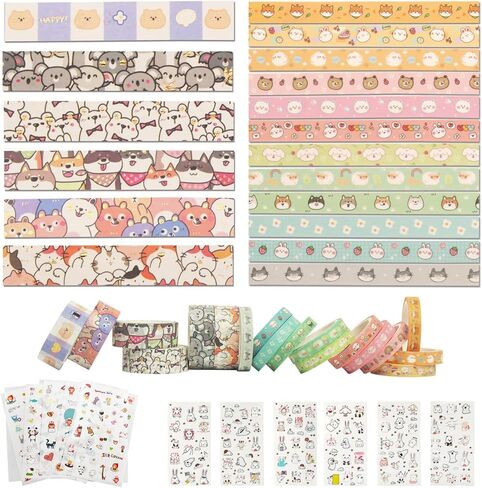 Agwut 18 Rolls Kawaii Cute Cartoon Animals Washi Tape Set Bronzing Kawaii Decor Masking Tape for Scrapbook, DIY Crafts Supplies, Planners Gift Wrapping - with 12 Sheets Kawaii Stickers in Kuwait