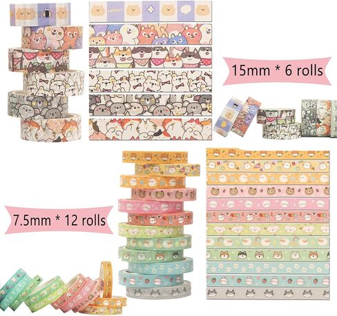 Agwut 18 Rolls Kawaii Cute Cartoon Animals Washi Tape Set Bronzing Kawaii Decor Masking Tape for Scrapbook, DIY Crafts Supplies, Planners Gift Wrapping - with 12 Sheets Kawaii Stickers in Kuwait