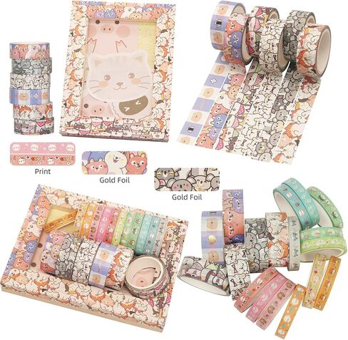Agwut 18 Rolls Kawaii Cute Cartoon Animals Washi Tape Set Bronzing Kawaii Decor Masking Tape for Scrapbook, DIY Crafts Supplies, Planners Gift Wrapping - with 12 Sheets Kawaii Stickers in Kuwait