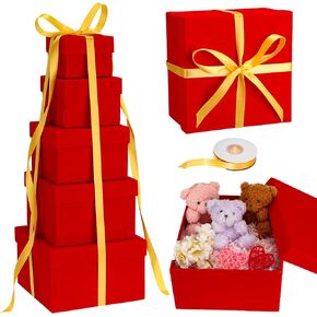 Mifoci 5 Packs Nesting Gift Boxes with Lids Ribbon Velvet Square Arrangement Flowers Gifts Box 5 Sizes for Christmas Wedding Birthday Party(Pink)