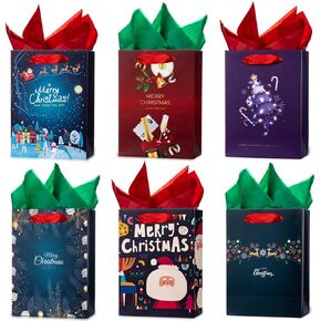 24 قطعة من أكياس هدايا عيد الميلاد الصغيرة من أرتليميرز مع مقابض، وأوراق مناديل لتغليف الهدايا، وأكياس ورق كرافت السائبة، مطبوعات متنوعة لعيد الميلاد لعيد الميلاد، وأعياد الميلاد، والعطلات، ومفضلات الحفلات، والهدايا، والخروج in Kuwait