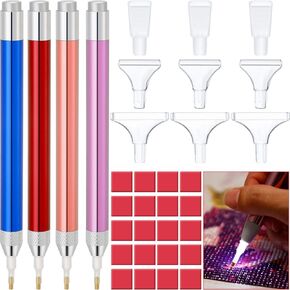 Maitys 4 Pcs LED Diamond Painting Drill Pen 5D Luminous Diamond Painting Accessories with 20 Clay Glue Paint, 9 Pen Heads(Pink, Gold, Blue, Red)