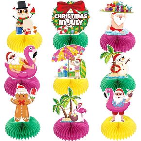 9 Pieces Christmas in July Honeycomb Table Centerpieces Decorations Summer Themed Party Table Decorations 3D Hawaii Beach Pool Summer Flamingos Santa Honeycomb Centerpieces Party Supplies
