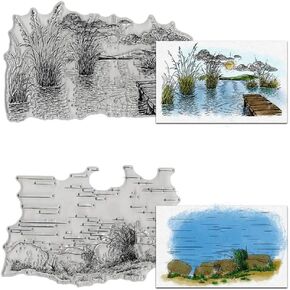 Lake River Scenery Clear Stamps for Card Making Decoration DIY Scrapbooking, Lakeside Landscape Background Transparent Rubber Seal Stamps for Photo Card Album Crafting Supplies.