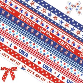 Threetols 6 Rolls 30 Yards Labor Day Patriotic Ribbons, 3/8" Patriotic Star Grosgrain Ribbons Red White Blue Buffalo Plaid Ribbons for America Flag Veterans Day Decoration Wrapping Craft Ribbons