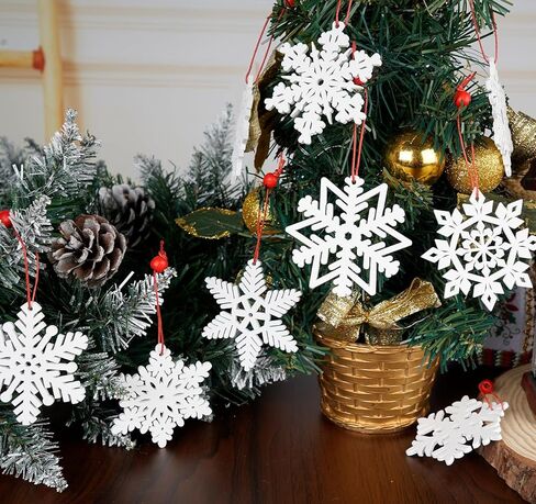 36 قطعة من زخارف رقاقات الثلج الخشبية من ABSOFINE، قلادة شجرة عيد الميلاد لعيد الميلاد DIY هدية معلقة لتزيين الهدايا مع خيوط، 5 سم (9 تصميمات مختلفة) in Kuwait