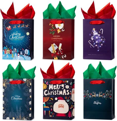 24 قطعة من أكياس هدايا عيد الميلاد الصغيرة من أرتليميرز مع مقابض، وأوراق مناديل لتغليف الهدايا، وأكياس ورق كرافت السائبة، مطبوعات متنوعة لعيد الميلاد لعيد الميلاد، وأعياد الميلاد، والعطلات، ومفضلات الحفلات، والهدايا، والخروج in Kuwait