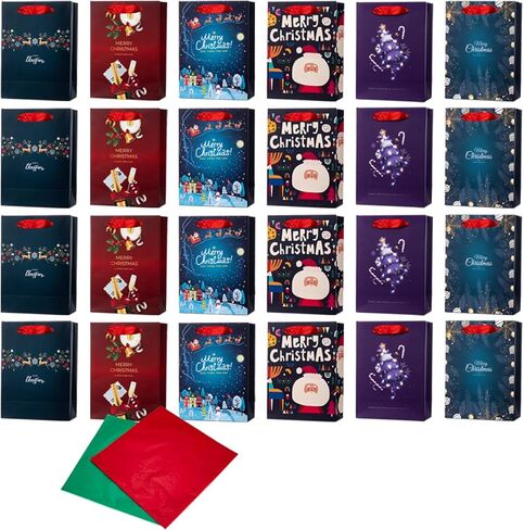 24 قطعة من أكياس هدايا عيد الميلاد الصغيرة من أرتليميرز مع مقابض، وأوراق مناديل لتغليف الهدايا، وأكياس ورق كرافت السائبة، مطبوعات متنوعة لعيد الميلاد لعيد الميلاد، وأعياد الميلاد، والعطلات، ومفضلات الحفلات، والهدايا، والخروج in Kuwait