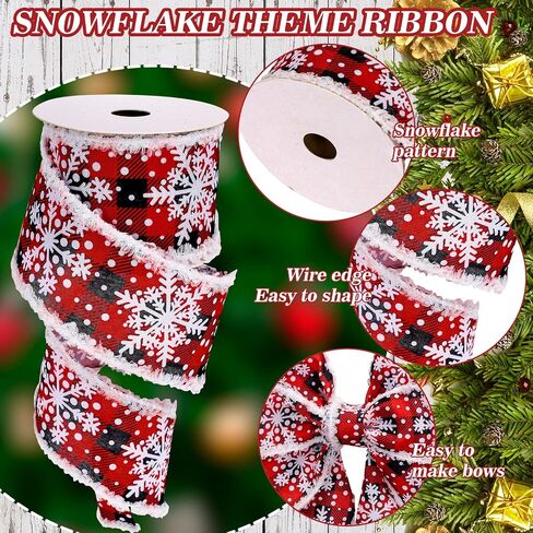 Whaline Snowflake Wired Edge Ribbon 2.5 Inch Winter Snowflake Ribbon with Burr Rustic Red Black Buffalo Plaids Decorative Craft Ribbon for Gift Wrapping DIY Floral Arrangement Wreath Bow, 10 Yard in Saudi Arabia