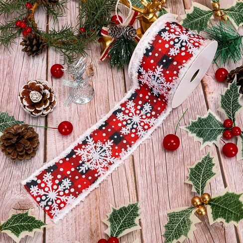 Whaline Snowflake Wired Edge Ribbon 2.5 Inch Winter Snowflake Ribbon with Burr Rustic Red Black Buffalo Plaids Decorative Craft Ribbon for Gift Wrapping DIY Floral Arrangement Wreath Bow, 10 Yard in Saudi Arabia