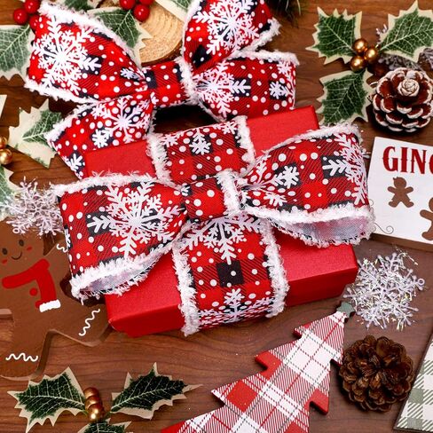Whaline Snowflake Wired Edge Ribbon 2.5 Inch Winter Snowflake Ribbon with Burr Rustic Red Black Buffalo Plaids Decorative Craft Ribbon for Gift Wrapping DIY Floral Arrangement Wreath Bow, 10 Yard in Saudi Arabia