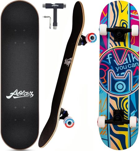 Bestclub Pro ألواح تزلج كاملة للمبتدئين والبالغين والمراهقين والأطفال والبنات والأولاد مقاس 31x8 بوصة ألواح تزلج 7 طبقات من خشب القيقب الكندي ذو سطح مزدوج مقعر وألواح طويلة in Kuwait