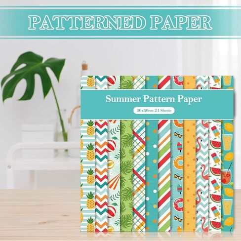 Whaline 12 Designs Summer Pattern Paper Pack 24 Sheet Holiday Scrapbook Specialty Paper Double-Sided Collection Decorative Craft Paper Folded Flat for Summer Card Making Scrapbook Photo Album Decor in Saudi Arabia