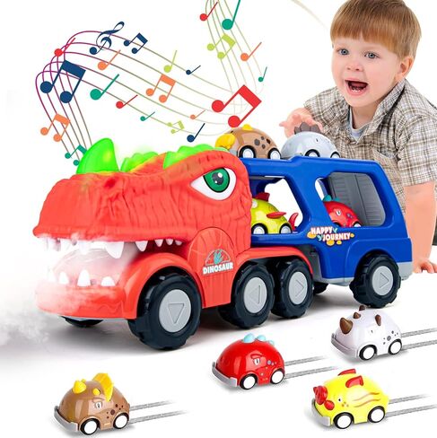 Dinosaur Truck Toys for 3 4 5 Year Old Boys, 9 in 1 Dinosaur Trucks for 2 3 4 Year Old Boy with 8 Pull Back Cars, Dinosaur Toy Trucks for Boys Age 2-3 with Smoke, Sound & Light, Birthday Gift for kids in Kuwait