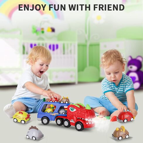 Dinosaur Truck Toys for 3 4 5 Year Old Boys, 9 in 1 Dinosaur Trucks for 2 3 4 Year Old Boy with 8 Pull Back Cars, Dinosaur Toy Trucks for Boys Age 2-3 with Smoke, Sound & Light, Birthday Gift for kids in Kuwait