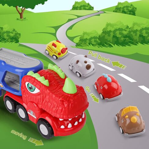 Dinosaur Truck Toys for 3 4 5 Year Old Boys, 9 in 1 Dinosaur Trucks for 2 3 4 Year Old Boy with 8 Pull Back Cars, Dinosaur Toy Trucks for Boys Age 2-3 with Smoke, Sound & Light, Birthday Gift for kids in Kuwait