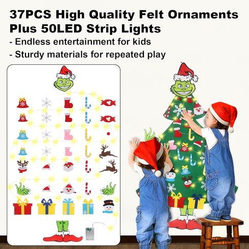 GameXcel 4ft Felt Christmas Tree for Toddlers with LED Light & 36pcs Ornaments, Velcro Montessori DIY Xmas Decorations - 4 Feet in Kuwait