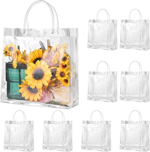 BESARME 60 Pack Clear Gift Bags with Handle, 6.3" x 5.9" x 2.8" Clear Bags Bulk Small Reusable Plastic Bags Gift Wrap Tote Bags for Christmas Halloween Party Favors Wedding Baby Shower Birthday in Kuwait