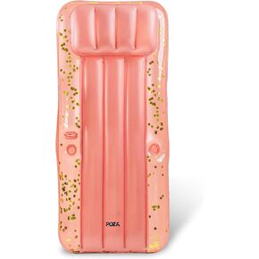 POZA Inflatable Giant Pool Mattress - Big Luxurious Pool Float Lounger Filled with Sparkle Confetti, Premium Thick Air Mat, Built in Headrest, Phone Holder, and Cup Holders - 76x32 Inches