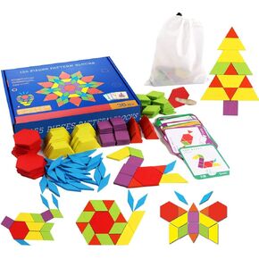 Set of 155 Wooden Pattern Blocks Geometric Manipulative Shape Puzzle Kindergarten Graphical Classic Educational Montessori Tangram Toys for Kids Ages 3+ Jigsaw Puzzles Gift with 24 Pcs Design Cards