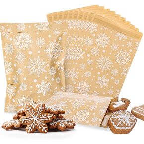 Whaline 100Pcs Christmas Kraft Treat Bags Self-Adhesive Winter White Snowflake Prints Goodie Snack Gift Bags Xmas Candy Buffet Kraft Bags for Winter Holiday Party Favor Supplies