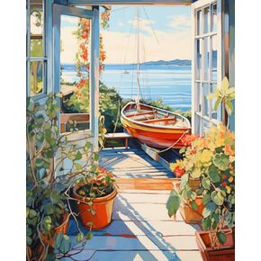 Paint by Number Door Landscape Flowers Seaside Scenery DIY Painting On Canvas with Brushes Acrylic Paints Perfect for Paint by Numbers for Adults and Kids Students Beginner 16x20 Inch（DIY Frame）