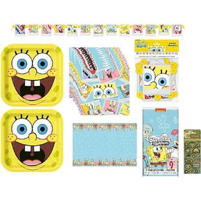 Spongebob SquarePants Birthday Party Supplies Decoration Bundle Pack includes 16 Plates, 16 Napkins, 1 Table Cover, 1 Banner, 1 Dinosaur Sticker Sheet in Saudi Arabia